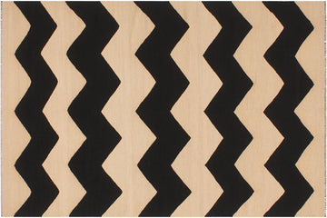 Flat Weave Kilim, Antique, Navaho, Vintage, Handmade, Modern Kilim Beige Black Hand-Woven Rectangle 100% Wool Area Rug 6 x 8
